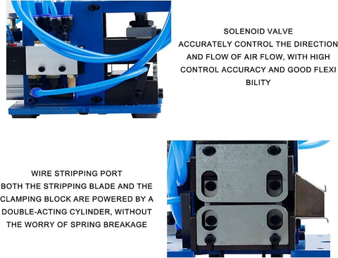 Industrial Grade Pneumatic Wire Stripper Machine 110V Automatic Electric Cable Peeler And Cutter Tool showing solenoid valve and wire stripping port.