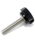 Number Eight Thirty Two By Three Quarter Inch Stainless Steel Thumb Screws With Black Knurled Round Knobs Tool free fastener with black knob.