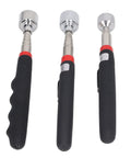 Handy Dandy Telescoping Magnetic Pickup Tool With 10 15 20 Lb Strength Retractable Pen Kit Made For Garage Garage Factory Jobs Featuring Soft Comfortable Grip Handle That Lets You Snag Nails Screws Bolts And More Without Bending Over Or Getting Dirty, three black-handled pens