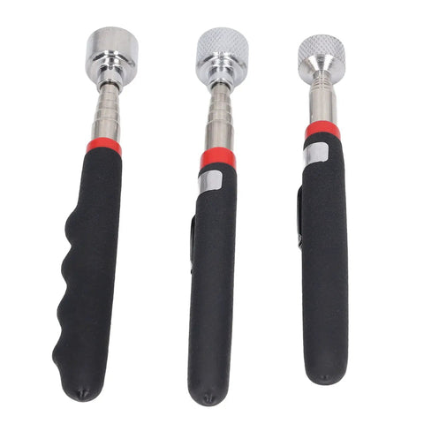 Handy Dandy Telescoping Magnetic Pickup Tool With 10 15 20 Lb Strength Retractable Pen Kit Made For Garage Garage Factory Jobs Featuring Soft Comfortable Grip Handle That Lets You Snag Nails Screws Bolts And More Without Bending Over Or Getting Dirty, three black-handled pens