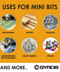 GYROS mini twist drill bit set infographic showing six uses: PCB board, wood, plastic, carburetor jet cleaning, craft, beads.