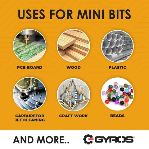 GYROS mini twist drill bit set infographic showing six uses: PCB board, wood, plastic, carburetor jet cleaning, craft, beads.