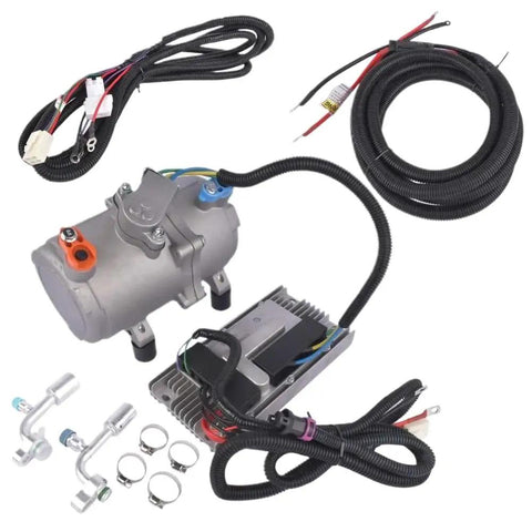 12V Electric AC Scroll Compressor Close Kit For Universal Car And Truck Air Conditioning featuring compressor and wiring components.