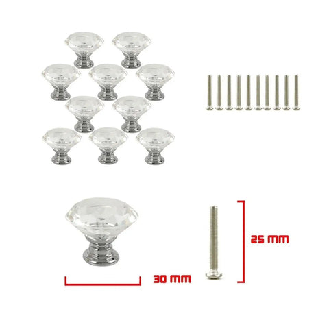 100 Pack Clear Acrylic Cabinet Handles With Zinc Alloy Base 30mm Crystal Drawer Pulls For Kitchen Cabinets And Wardrobes showing knobs and screws