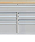 61 Inch Nine Drawer Rolling Tool Chest With Locking System Mobile Tool Storage Cabinet Heavy Duty Steel Construction Solid Wood Top Durable Powder Coated Finish For Home Garage Warehouse And Kitchen Silver front view