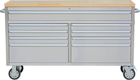 61 Inch Nine Drawer Rolling Tool Chest With Locking System Mobile Tool Storage Cabinet Heavy Duty Steel Construction Solid Wood Top Durable Powder Coated Finish For Home Garage Warehouse And Kitchen Silver front view