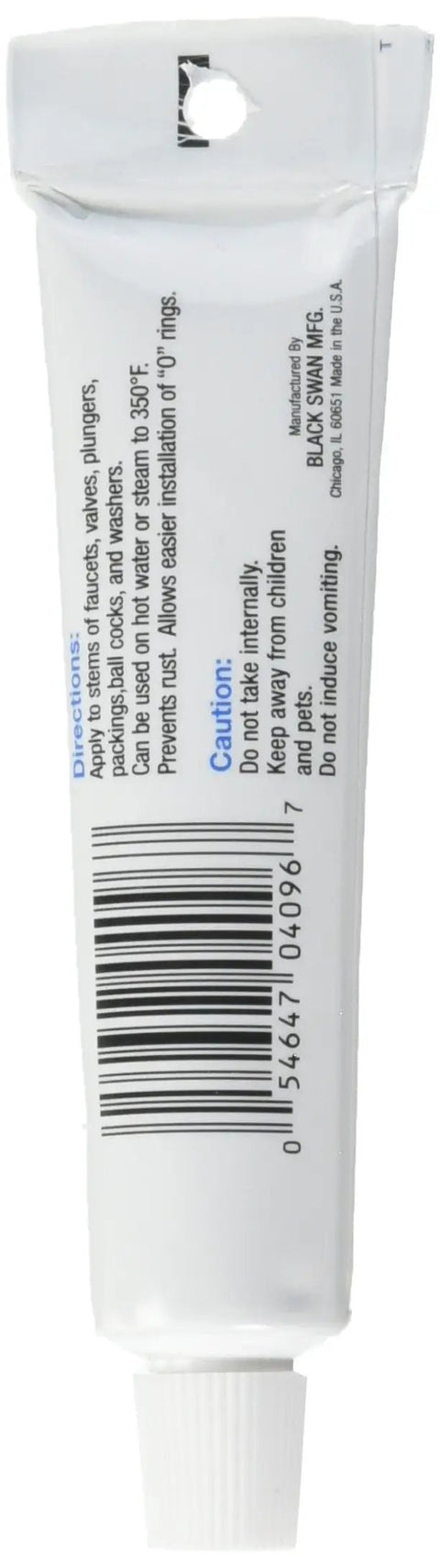 Back view of Plumber's Grease 1oz Tube For Pipe Fittings And Valve Seals showing instructions and barcode