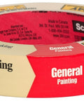 Tan General Purpose Masking Tape The Everyday Go To For Labeling Bundling And General Use On Multiple Surfaces 0.94 Inch Wide By 60 Yards 1 Roll Great For DIY Projects And General Home Use, shows a roll of tan masking tape with packaging label, 3M branding visible.