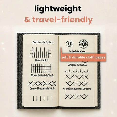 2026 Upgraded Embroidery Stitch Book Kit With 106 Grab And Go Patterns open to stitch examples showing cloth pages
