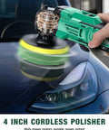 Cordless Car Polisher Kit With 20V Power, 6 Variable Speeds polishing car hood with high-power output, close-up view.