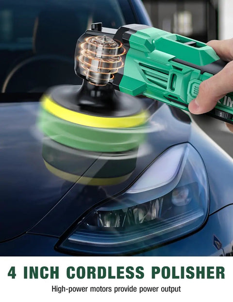 Cordless Car Polisher Kit With 20V Power, 6 Variable Speeds polishing car hood with high-power output, close-up view.