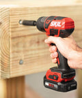 User operating 12V Cordless Drill Driver And One Quarter Inch Hex Impact Combo Kit With Two 2.0Ah PW Core 12 Batteries drilling wood