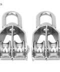 Two Pack Double Pulley Block Heavy Duty Lifting Sheave With Steel Wire Rope Hook For Rock Solid Rigging Jobs Quick Setup Design showing steel design and dual wheels.