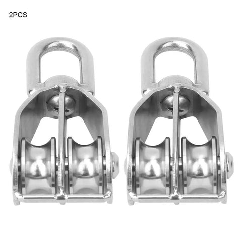 Two Pack Double Pulley Block Heavy Duty Lifting Sheave With Steel Wire Rope Hook For Rock Solid Rigging Jobs Quick Setup Design showing steel design and dual wheels.