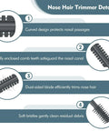Image detailing features of 2-In-1 Nose Hair Trimmer With Dual-Sided Blade And Cleaning Brush, Portable Manual Nose Grooming Tool For Men And Women.