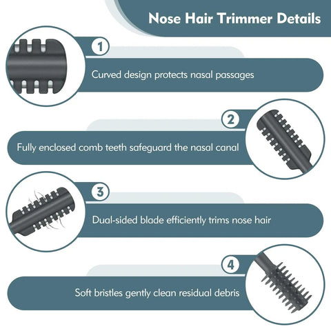 Image detailing features of 2-In-1 Nose Hair Trimmer With Dual-Sided Blade And Cleaning Brush, Portable Manual Nose Grooming Tool For Men And Women.