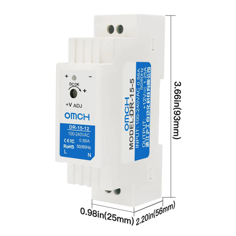 Heavy Duty Din Rail Power Supply 15 Watt 12 Volt Direct Current 1.25 Amp Output Power Adapter with adjustable voltage