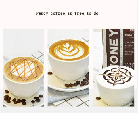 Three cups of latte with artistic milk foam designs, surrounded by coffee beans, showcasing latte art creativity.