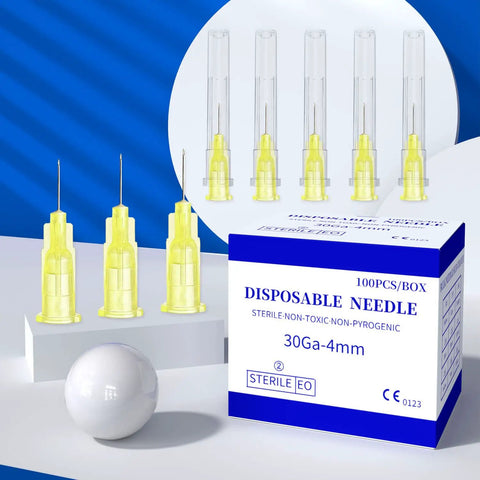 Disposable Luer Lock Needle 30 Gauge 4 mm 100 Pack For Lab And Industrial Use displayed alongside packaging