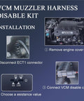 Installation steps for Muzzler Tuner For Honda Odyssey Pilot Accord Ridgeline And Acura 3.5L V6 With 30Cm Harness Plug And Play Adjustable Dial For Stable Vehicle Control Disable And Enhanced Engine Performance, including engine cover removal, connector disconnection, cable connection, and resistance value selection.