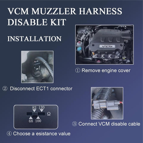 Installation steps for Muzzler Tuner For Honda Odyssey Pilot Accord Ridgeline And Acura 3.5L V6 With 30Cm Harness Plug And Play Adjustable Dial For Stable Vehicle Control Disable And Enhanced Engine Performance, including engine cover removal, connector disconnection, cable connection, and resistance value selection.