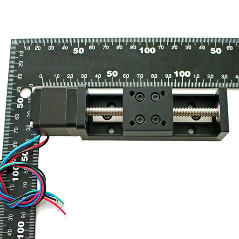 Linear Motion Slide Table Rail With T6 Two Lead 2mm Pitch And NEMA 11 28mm Guide System For Precision Transport DIY Gearheads 200mm Travel, black stepper rail with cable and ruler