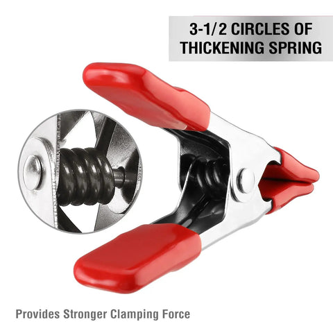 Beefy Heavy Duty Steel Spring Clamps Set with 4-Inch Jaw, red tips, thickening spring detail, for woodworking and photo studios.