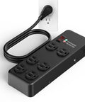 Heavy Duty Surge Protector Packing 3000 Joule Surge Defense 6 Outlet Beefy Metal Power Strip In Black with four foot cord.