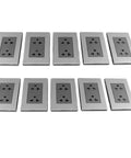 Heavy Duty Stainless Steel Wall Outlet Featuring A Fireproof Electrical Receptacle That Is Totally Badass And Built To Resist Corrosion While Delivering Rock Solid Connections In Each 10 Pack Box, showing a 10-pack set of outlets.