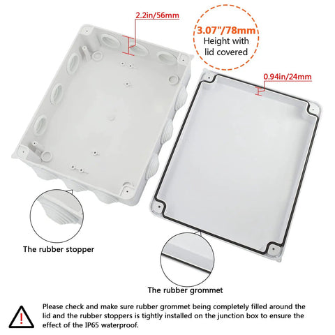 Heavy Duty ABS Junction Box IP65 Waterproof And Dustproof Electrical Enclosure open view showing rubber stoppers and grommets