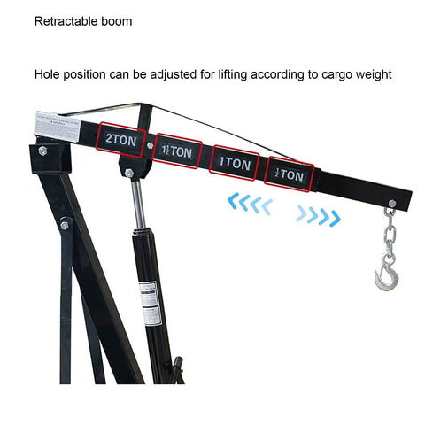 Heavy Duty 2 Ton Hydraulic Engine Hoist, Alloy Steel Cherry Picker Lift adjustable boom with weight settings for lifting.