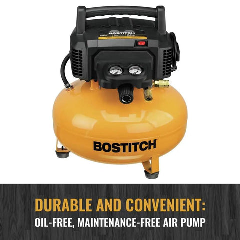 Bostitch 6 Gallon Pancake Air Compressor With Oil-Free Pump And High-Flow Delivery Up To 150 PSI And 2.6 SCFM For Nails, Staples And Finish Work In Garage Or Shop Easy Portability