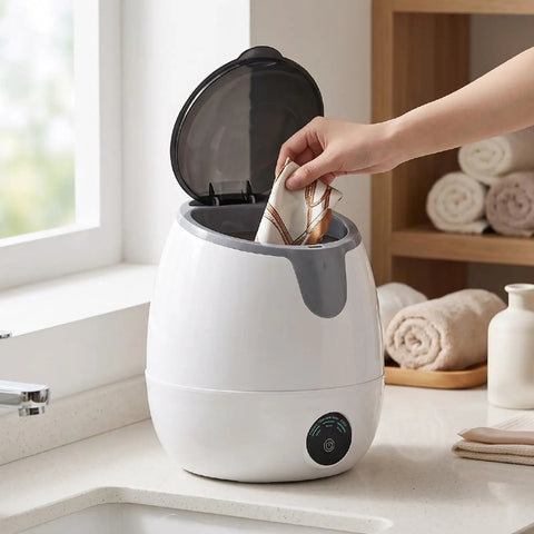 Person placing a cloth into the Compact Mini Countertop Washer With Spinning Dehydration Basket And Sanitary Blue Light Mode For Undies Socks And Baby Clothes Delivers Big Time Fresh Results While Making Laundry Day Hella Easy And Completely Hassle Free.