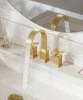 Brushed Gold Bathroom Sink Faucet With Waterfall Design, Widespread 8-Inch 3-Hole Mount in modern bathroom setting