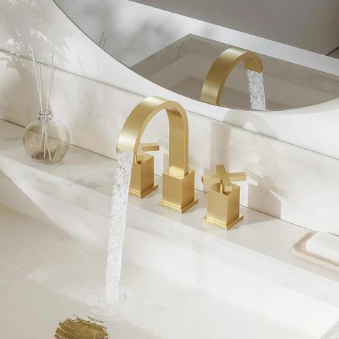 Brushed Gold Bathroom Sink Faucet With Waterfall Design, Widespread 8-Inch 3-Hole Mount in modern bathroom setting
