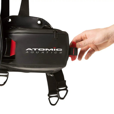 Close-up of black BC2 Dive BCD With Integrated Weight System For 30 Lb Capacity with hand adjusting EZLOK release.