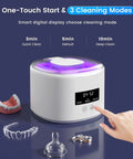 Rechargeable Ultrasonic Retainer Cleaner With 50KHz Cleaning Power and digital display for dentures and mouth guards.