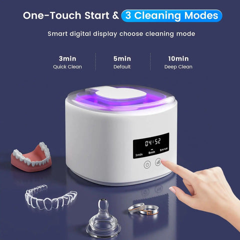 Rechargeable Ultrasonic Retainer Cleaner With 50KHz Cleaning Power and digital display for dentures and mouth guards.