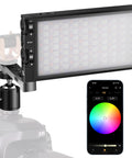 G1s RGB Video Light With App Control on camera, LED screen, and smartphone app showing color wheel for lighting adjustments.