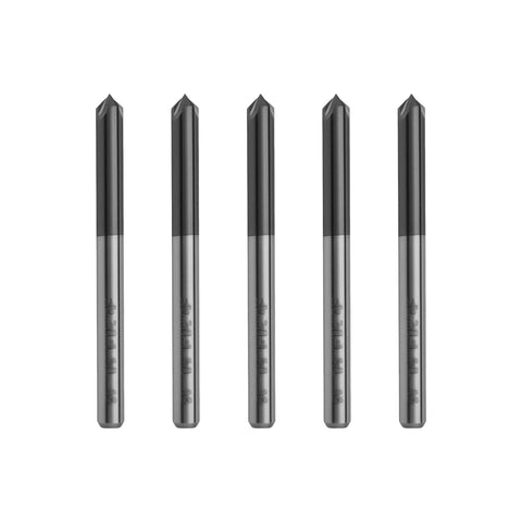 Zorqon 5-piece 1/8 in solid carbide end mills, front view, AlTiN coating, 4-flute chamfer for steel, 1/8 in shank