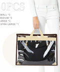 Model holding 10 Pack Handbag Dust Bags Set With Clear PVC Front And Beige Nonwoven Back, showcasing black purse inside XL bag.