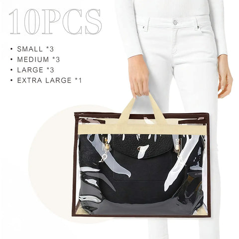Model holding 10 Pack Handbag Dust Bags Set With Clear PVC Front And Beige Nonwoven Back, showcasing black purse inside XL bag.