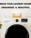 Bamboo Dryer Sheet Holder With Opening And Labels For Easy Laundry Room Organization on washing machine.