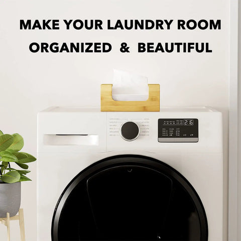 Bamboo Dryer Sheet Holder With Opening And Labels For Easy Laundry Room Organization on washing machine.