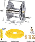 Heavy Duty Wall Mounted Garden Hose Reel With Smooth As Butter Crank Handle industrial stainless steel construction, 36cm tall.