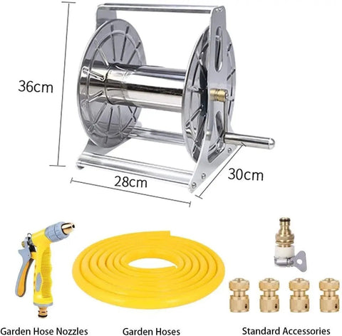 Heavy Duty Wall Mounted Garden Hose Reel With Smooth As Butter Crank Handle industrial stainless steel construction, 36cm tall.