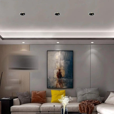 UBNMIUBV 9 Pack White Aluminum Led Recessed Lighting Kits - 8W, 10W, 12W, 15W, 20W Adjustable Downlights illuminating modern living room.