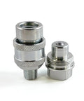 1/4 NPT hydraulic quick coupler set, chrome-plated metal with knurled grip, front view.