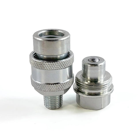 1/4 NPT hydraulic quick coupler set, chrome-plated metal with knurled grip, front view.