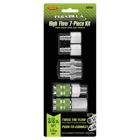 Flexzilla Pro 7-piece high-flow air coupler and plug kit, 3/8 in NPT, push-to-connect fittings with green grips